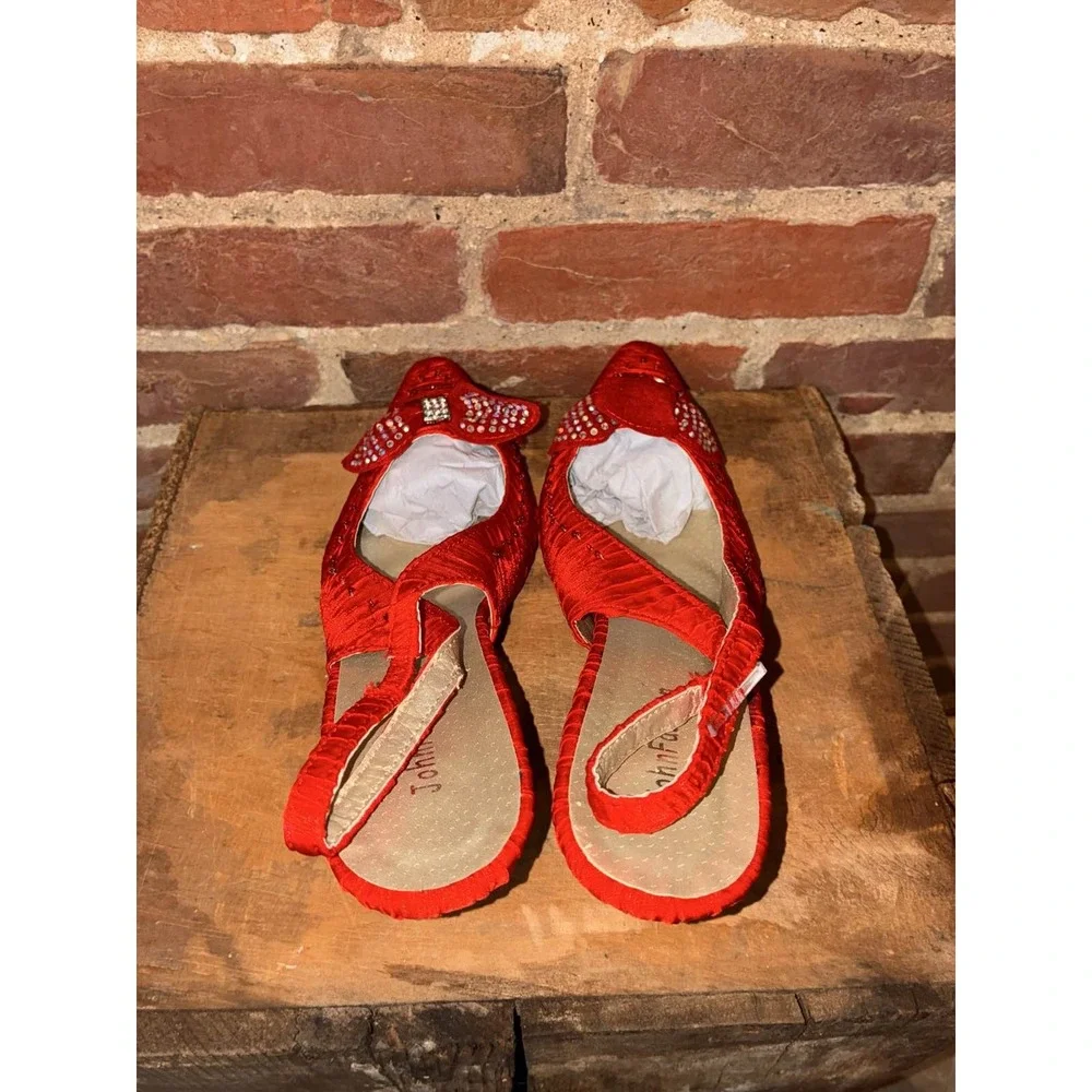 John Fashion‎ Red Rhinestone Pointed Toe Bow Slingback Heels Women's 9